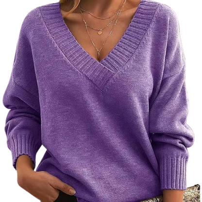 Damen Winterpullover mit V-Ausschnitt, einfarbig und langen Ärmeln