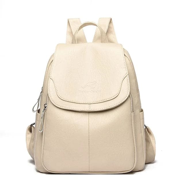 Beiger Damenrucksack aus Leder mit Reißverschlüssen und verstellbaren Trägern, ideal für Schule, Reisen und Alltag. Elegantes, modernes Design.