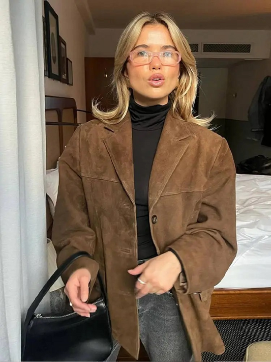 Damen Herbst Trenchcoat Lang Oversized in Braun mit einfarbigem Design