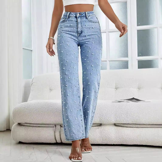 Damen-Cropped-Jeans für den Frühling mit mittlerer Taille und Perlenverzierung in Hellblau