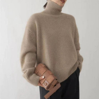 Damen Herbst Rollkragenpullover Dick Gestrickt Langarm Unifarbener Pullover