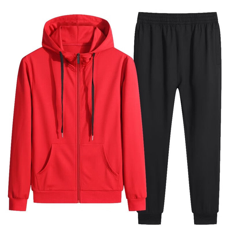 Roter Kapuzenpullover und schwarze Jogginghose, Sportbekleidung Set für Herren, bequem und modisch, ideal für Freizeit und Training.