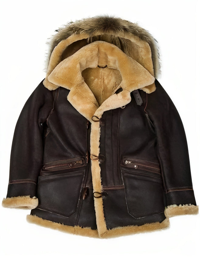 Dunkelbraune Lammfelljacke mit Kapuze und Fellbesatz, warme Winterbekleidung, luxuriöse Lederjacke, modische Herrenbekleidung, Outdoor-Jacke.