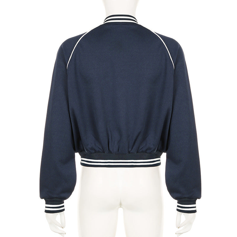 Damen Herbst Baseballjacke mit lockerer Passform, Knopfleiste, Stehkragen und blauem Patchwork