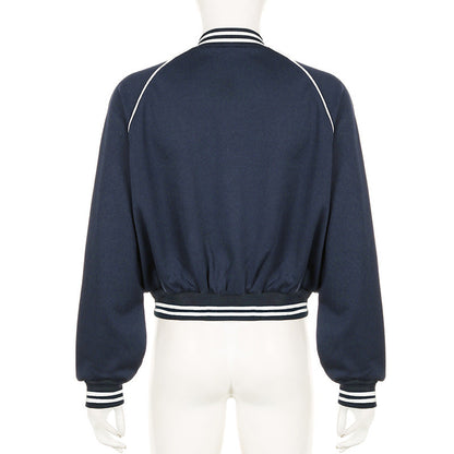 Damen Herbst Baseballjacke mit lockerer Passform, Knopfleiste, Stehkragen und blauem Patchwork