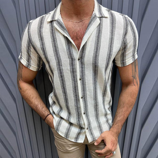 Herren Langarm Streifenhemd mit Stehkragen, dünn, lockerer Schnitt, aus Polyester – Ideal für Frühling/Sommer