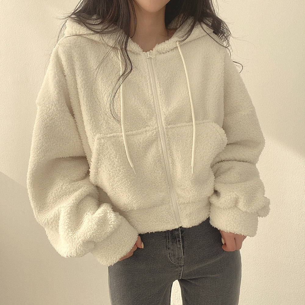 Damen Herbst Kapuzenpullover Lockere Passform Lammstruktur Langarm