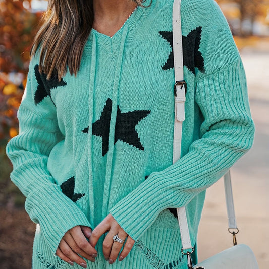 Damen Herbst Kapuzenpullover Gestrickt Langarm Kordelzug Bedruckt