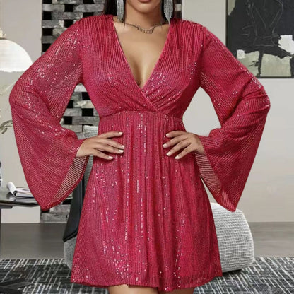 V-Ausschnitt Pailletten-Tailliertes Abendkleid mit Glockenärmeln | Ideal für Frühling und Herbst