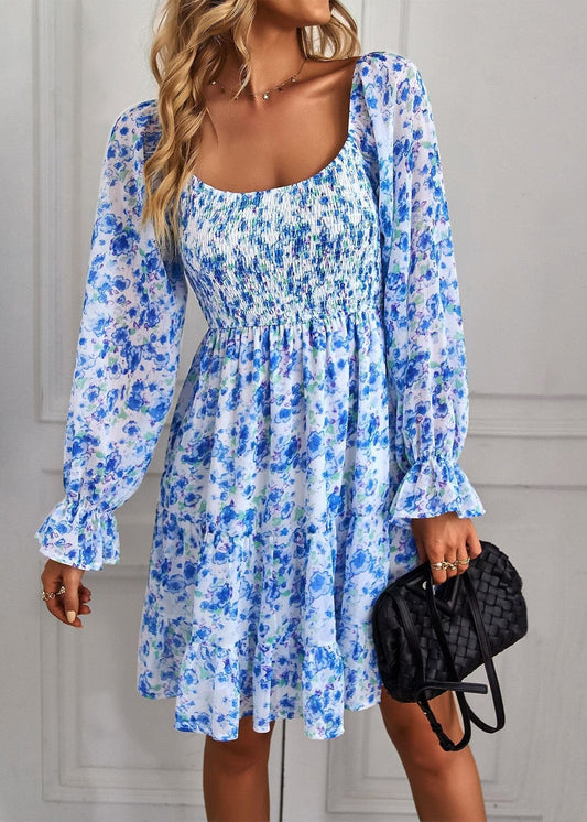 Blumenmuster Midi-Kleid mit Rüschenärmeln und U-Ausschnitt | Ideal für Frühling und Sommer