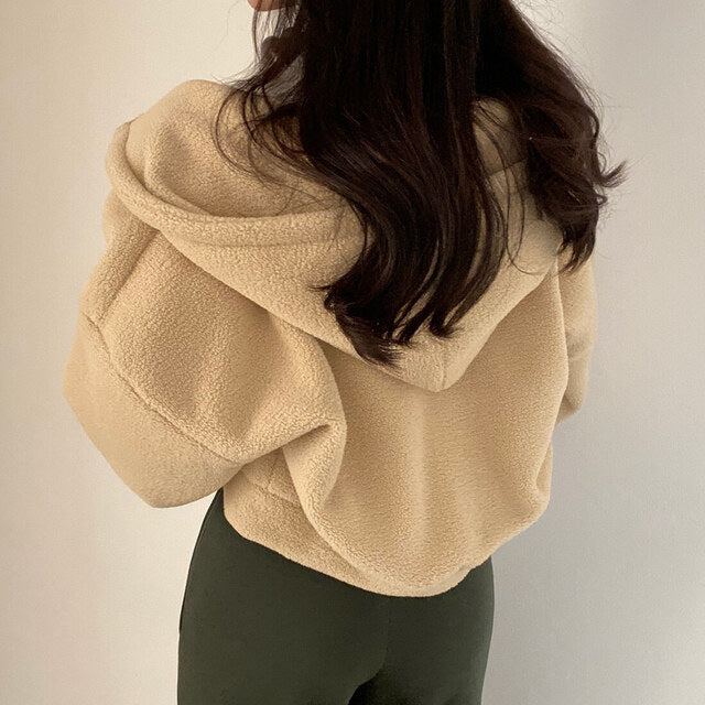 Damen Herbst Kapuzenpullover Lockere Passform Lammstruktur Langarm