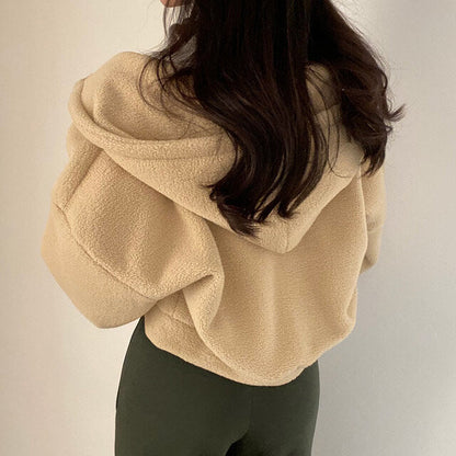 Damen Herbst Kapuzenpullover Lockere Passform Lammstruktur Langarm