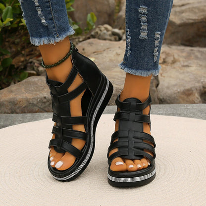 Damen Sommer Keilsandalen mit Fischmaulspitze Plateausohle Reißverschluss hinten und Strasssteinen