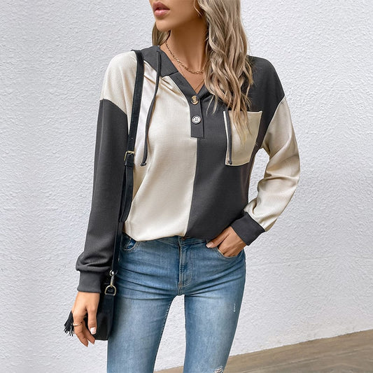 Damen Frühlings-Kapuzenpullover mit Langarm, Kontrastfarbe und lockerer Passform