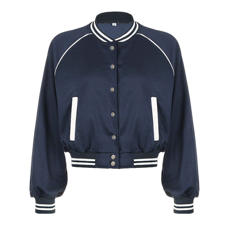 Damen Herbst Baseballjacke mit lockerer Passform, Knopfleiste, Stehkragen und blauem Patchwork