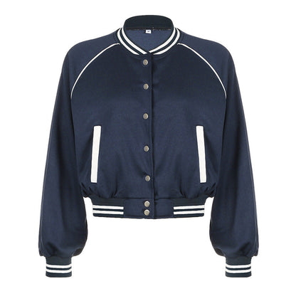 Damen Herbst Baseballjacke mit lockerer Passform, Knopfleiste, Stehkragen und blauem Patchwork
