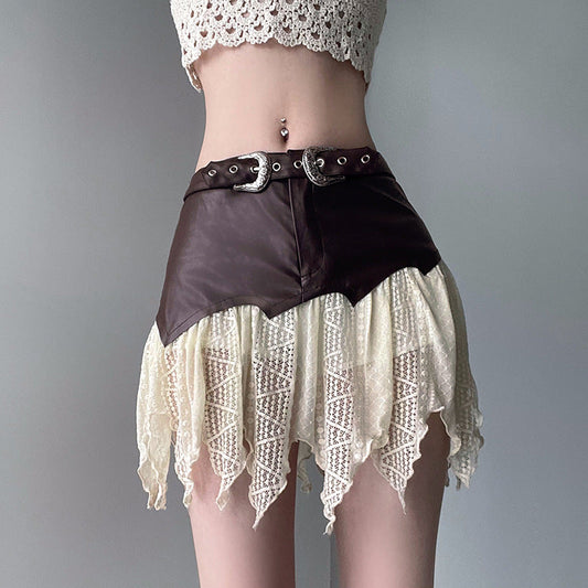 Damen Frühlings Minirock mit asymmetrischem Saum Spitze und Nahtdetails