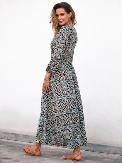 Bedrucktes V-Ausschnitt-Maxikleid mit Laternenärmeln | Perfekt für Frühling & Herbst