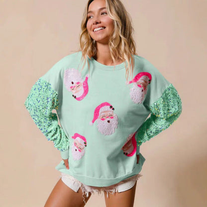 Damen Winter-Strickpullover mit Weihnachtsstickerei, langen Ärmeln und Pailletten-Details