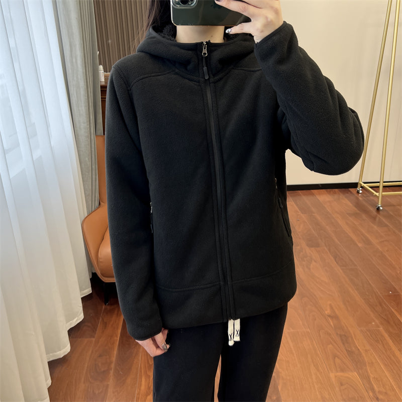Frauen Winter Polar Fleece Hoodie Doppelseitige Dicken Reißverschluss Langarm