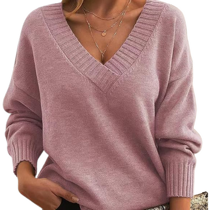 Damen Winterpullover mit V-Ausschnitt, einfarbig und langen Ärmeln