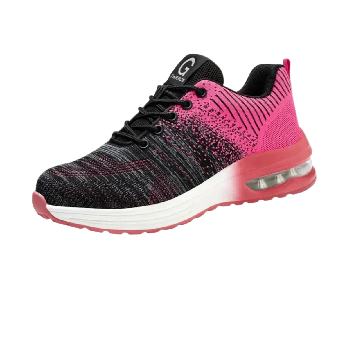 Schwarzer und pinker Damen-Laufschuh mit Luftpolstersohle, atmungsaktivem Strickmaterial und rutschfester Sohle, ideal für Sport und Freizeit.