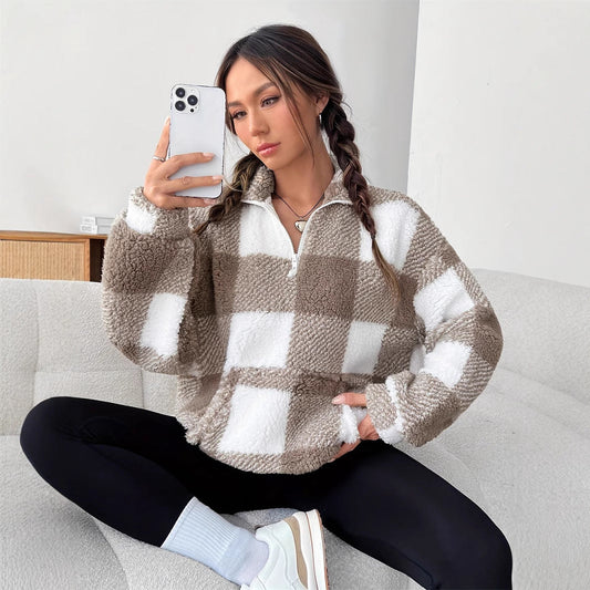 Damen Winterpullover mit lockerem Schnitt, Streifen- und Karomuster, langen Ärmeln