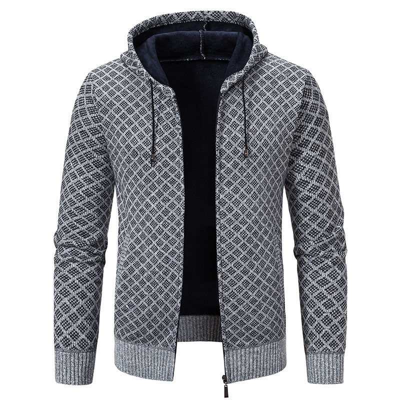 Grauer Herren-Strickpullover mit Kapuze, Reißverschluss und geometrischem Muster. Modische, warme Jacke für Herbst und Winter.