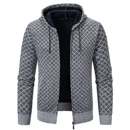 Grauer Herren-Strickpullover mit Kapuze, Reißverschluss und geometrischem Muster. Modische, warme Jacke für Herbst und Winter.