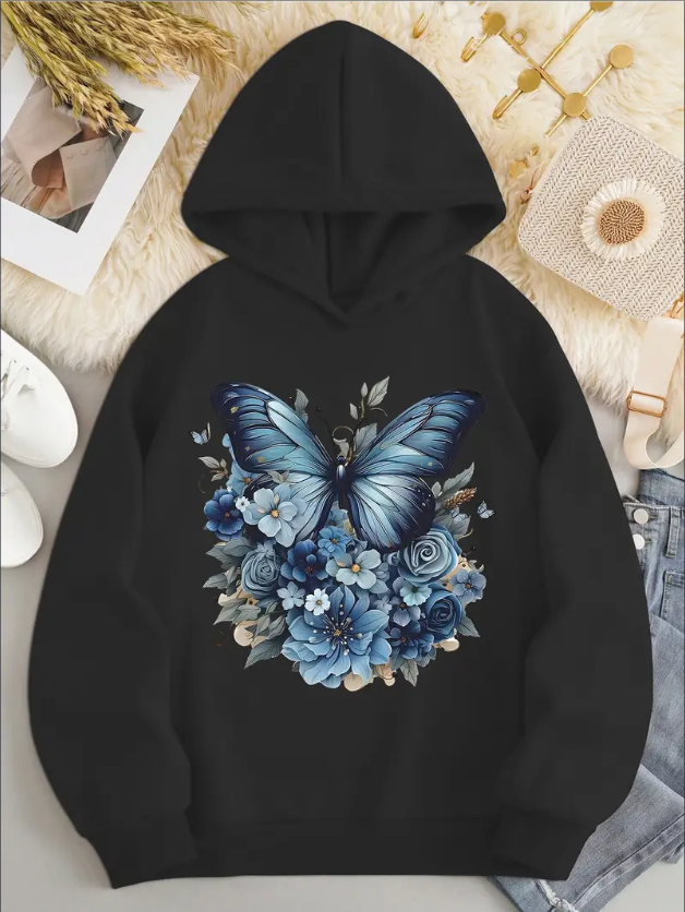 Damen Herbst-Hoodie mit Schmetterlingsdruck, Langarm und Lockerer Passform
