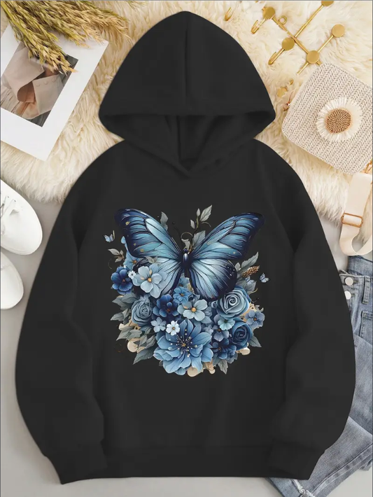 Damen Herbst-Hoodie mit Schmetterlingsdruck, Langarm und Lockerer Passform