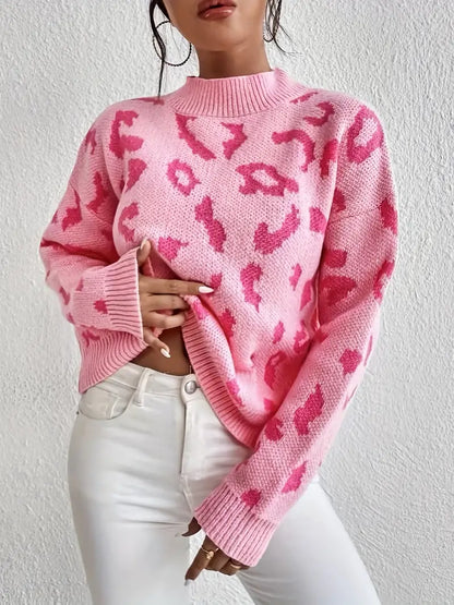 Damenpullover mit Leopardenmuster und Rundhalsausschnitt aus warmem Strick | Ideal für Herbst und Winter