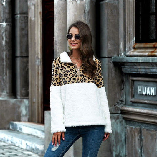 Damen Herbst Leopardenmuster Pullover Sweater Langarm Rundhalsausschnitt Gerader Schnitt