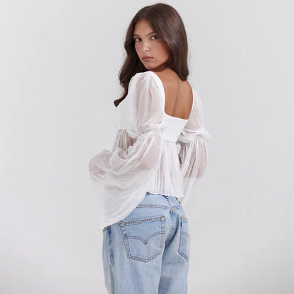 Damen Chiffon Oberteil mit transparenten langen Ärmeln und eckigem Ausschnitt | Perfekt für Frühling und Sommer