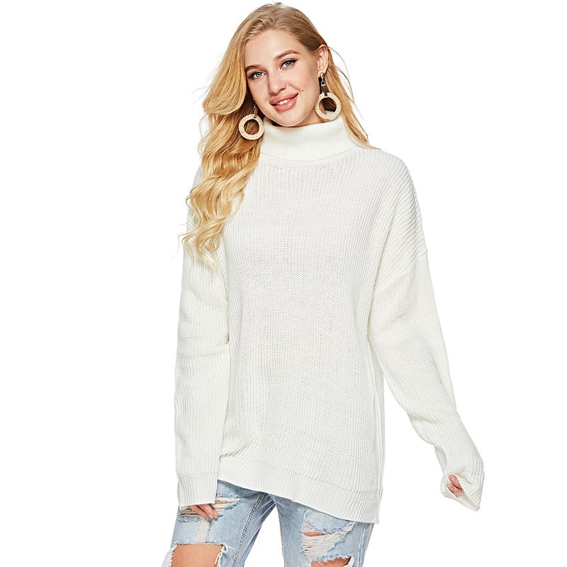 Damen Herbst-Strickpullover mit hohem Kragen, Streifenmuster, Langarm und lockerer Passform