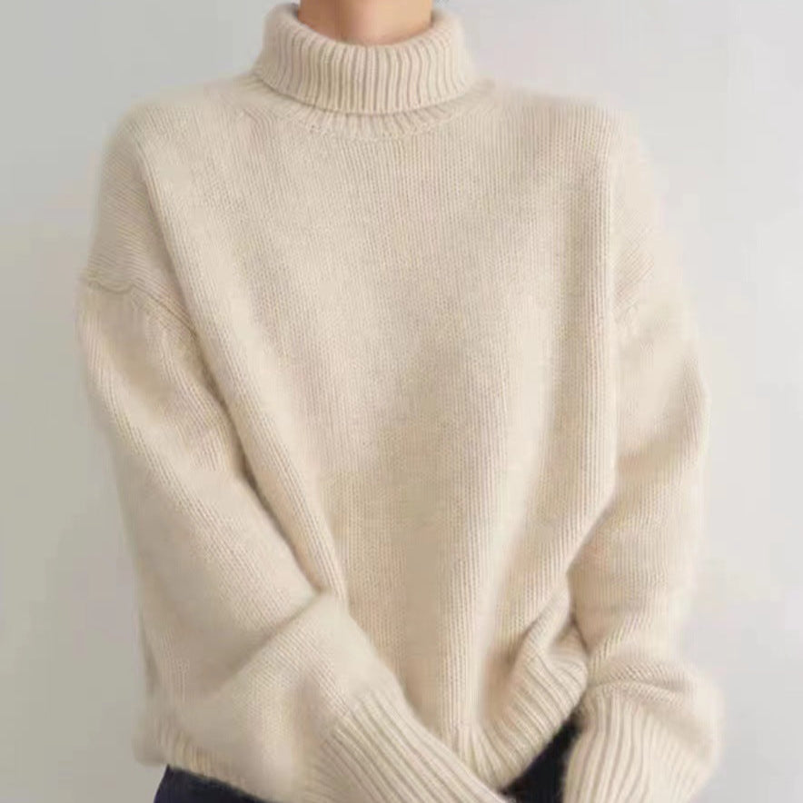 Damen Herbst Rollkragenpullover Dick Gestrickt Langarm Unifarbener Pullover
