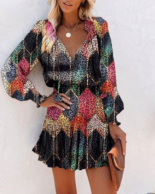 Kleid mit Blumenmuster, Patchwork und Puffärmeln, Tailliert mit Langarm | Ideal für Frühling und Herbst