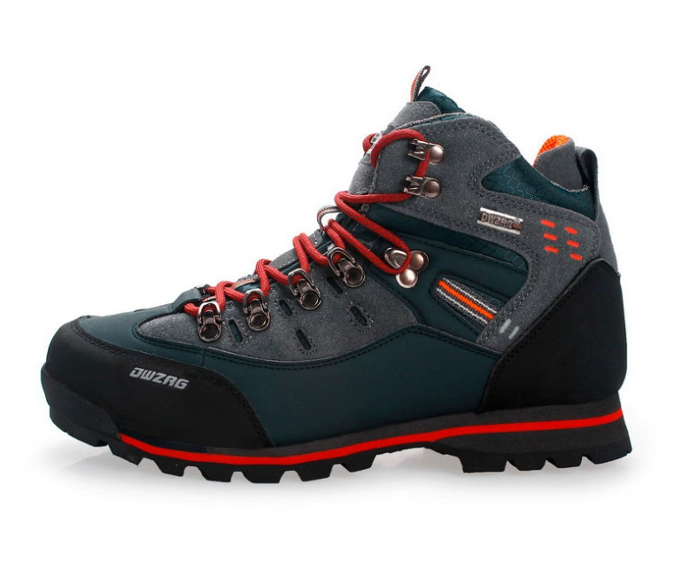 Wanderschuh für Herren, grau-schwarz mit roten Schnürsenkeln, robustes Design, ideal für Outdoor-Aktivitäten und Trekking, rutschfeste Sohle.