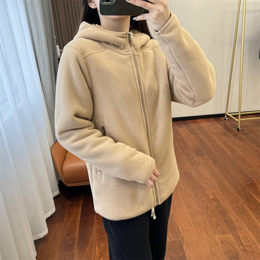 Frauen Winter Polar Fleece Hoodie Doppelseitige Dicken Reißverschluss Langarm