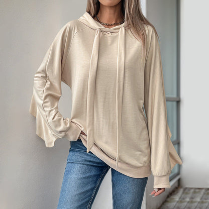 Damen Frühlings-Hoodie-Pullover mit Rüschenbesatz und Kapuze mit Kordelzug