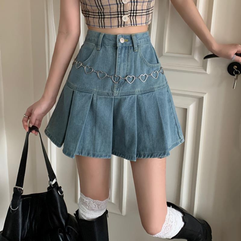 Damen Frühjahrs-Minirock mit hohem Bund und Falten-Design aus Denim