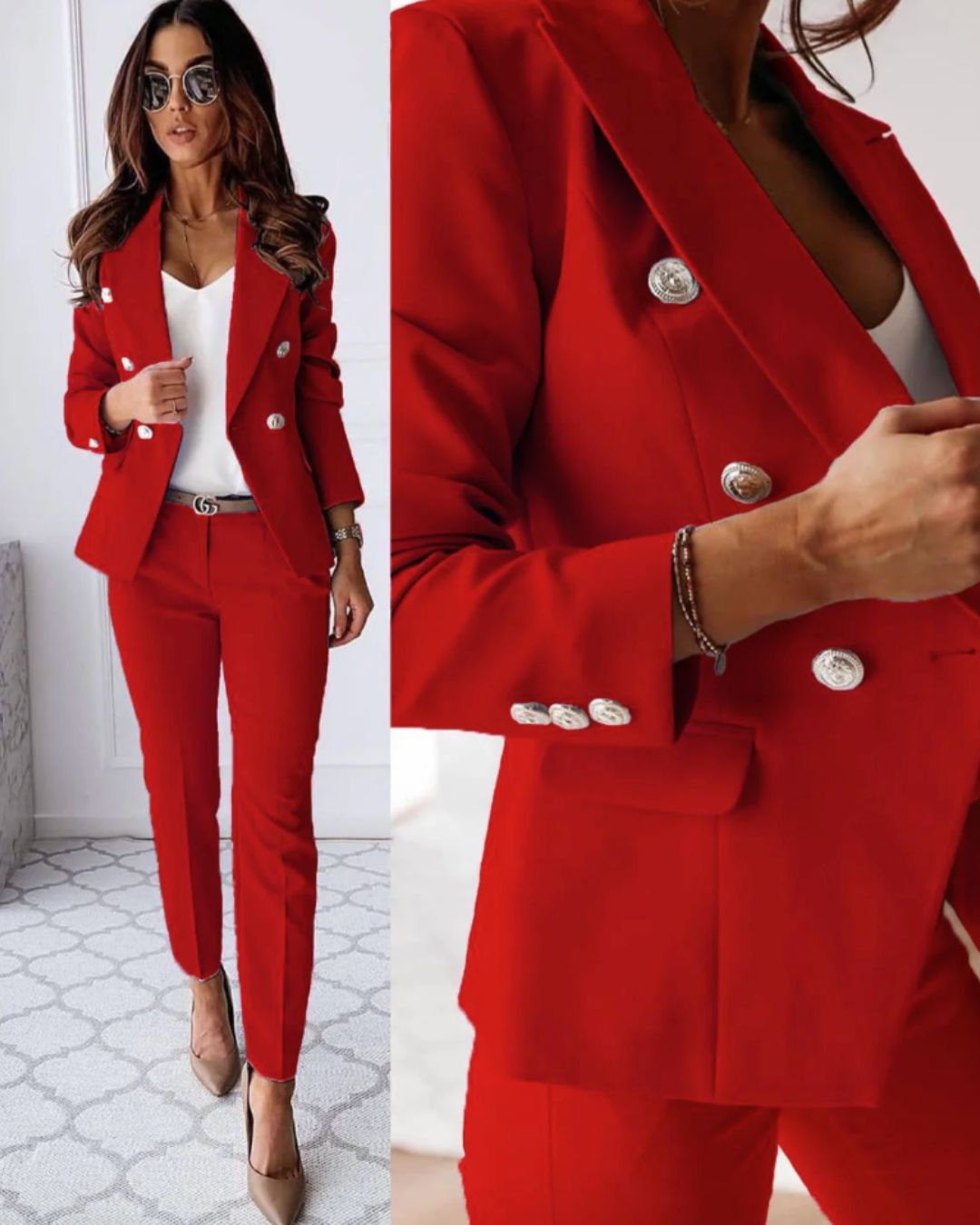 Damen Zweiteiliger Anzug mit Doppelreihigem Blazer und Gerade Geschnittenen Hosen