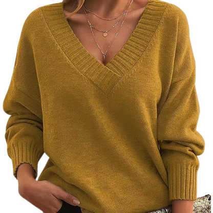 Damen Winterpullover mit V-Ausschnitt, einfarbig und langen Ärmeln
