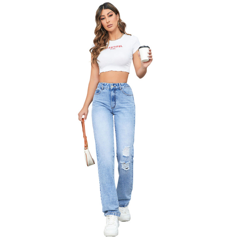 Damen-Jeans mit geradem Bein lockerem Schnitt hoher Taille und Ripped-Details