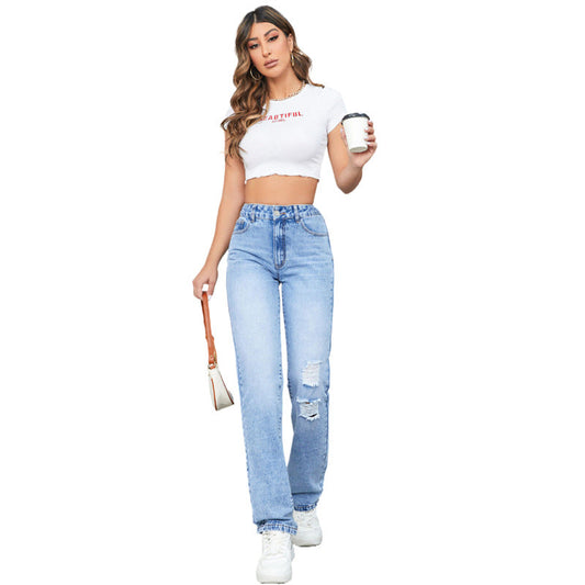 Damen-Jeans mit geradem Bein lockerem Schnitt hoher Taille und Ripped-Details