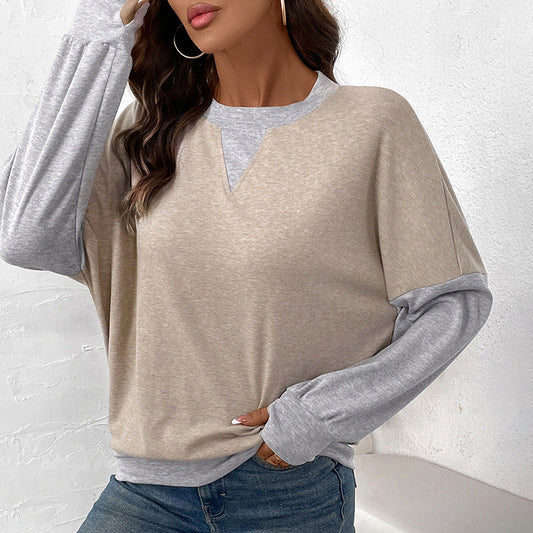 Damen Frühlingspullover mit Color-Block-Muster und Rundhalsausschnitt
