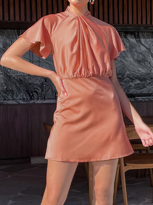 Charmantes Polyester-Satin-Kleid für Damen – mit Twist-Front, Rüschenärmeln und Stehkragen