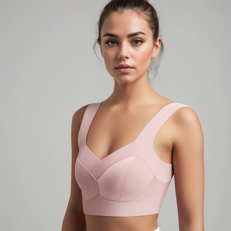 Junge Frau in rosa Sport-BH, Fitnessmode, vor grauem Hintergrund. Ideal für Sportbekleidung, Workout, Athleisure.