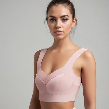 Junge Frau in rosa Sport-BH, Fitnessmode, vor grauem Hintergrund. Ideal für Sportbekleidung, Workout, Athleisure.