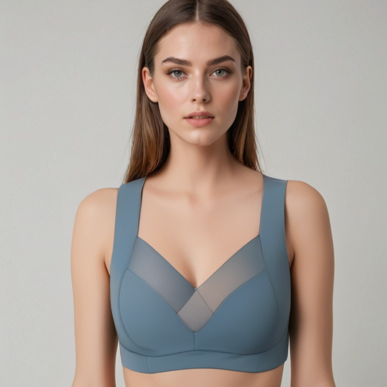 Frau in blauem Sport-BH mit V-Ausschnitt und Mesh-Detail, modisches Fitness-Outfit, ideal für Yoga und Training, stilvolle Sportbekleidung.